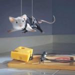 Picture of a mouse suspended above a mouse trap which has some cheese baited on it. The mouse is dangling above held in position by two bits of string